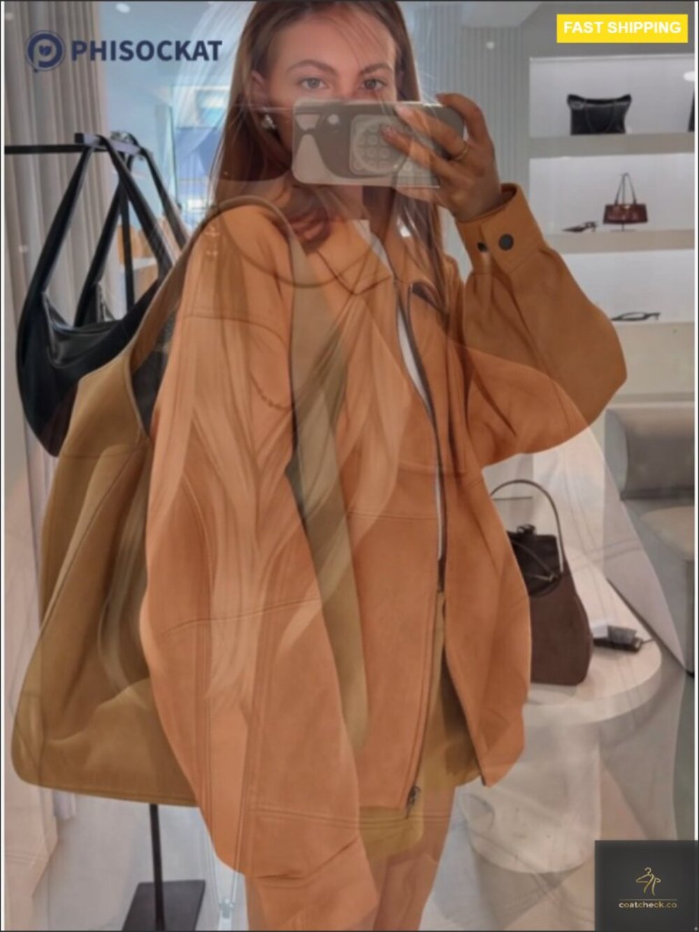 Oversized Faux Suede Bomber Jacket Trendy Casual Zip Up Long Sleeve Coat with - Picture 7 of 7